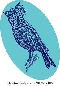 Vector hand drawn decorative parrot illustration. Doodle abstract outline blue bird drawing