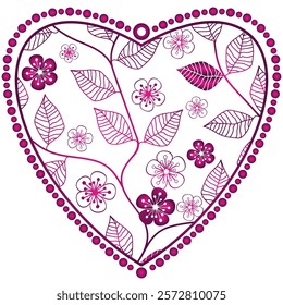 Vector hand drawn decorative purple gradient heart with flowers and leaves. Isolated. Transparent background