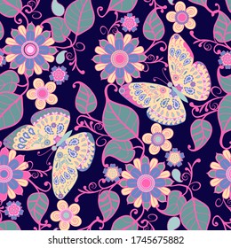 Vector Hand drawn Decorative Seamless pattern with flowers, floral elements and butterflies, nature life illustration.