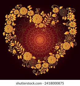 Vector hand drawn decorative spring golden gradient frame with floral heart with flowers and butterflies on dark background