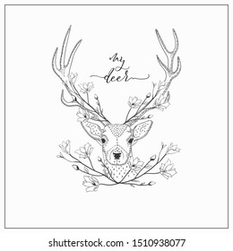 vector hand drawn deer head logo, tattoo. illustration with horns decorated with flowers, branches. scandinavian style