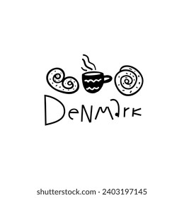 Vector Hand Drawn Denmark Label. Travel Skandinavian Illustration. Hand Writen Lettering Illustration. Danish Symbol Logo