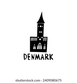 Vector Hand Drawn Denmark Label. Travel Skandinavian Illustration. Hand Writen Lettering Illustration. Danish Symbol Logo