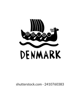 Vector Hand Drawn Denmark Label. Travel Skandinavian Illustration. Hand Writen Lettering Illustration. Danish Symbol Logo