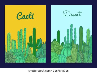 Vector hand drawn desert cacti plants card or flyer template illustration