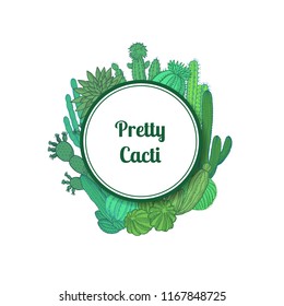 Vector hand drawn desert cacti plants under circle with place for text illustration