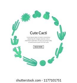 Vector hand drawn desert cacti plants in circle shape with place for text isolated on white background illustration