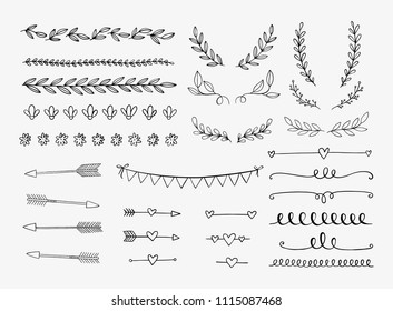 Vector hand drawn design elements. Vintage doodle banners, ribbons, divider, swirls, arrows. 