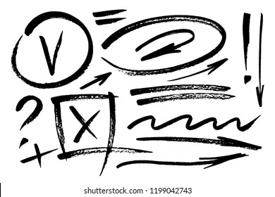 Vector hand drawn design elements. Ink brush drawn notes and marks. Set of artistic elements such as arrows, check box, underlines, question mark and exclamation point. Monochrome collection.