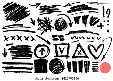 Vector hand drawn design elements. Set of artistic elements such as arrows, scribble, question mark, exclamation point, strokes and filled circle. Monochrome collection.