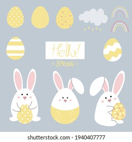 Vector hand drawn design elements. Happy easter set. Spring set. Hello spring lettering. Easter cute bunnies, rainbow, clouds, drops. Easter eggs.