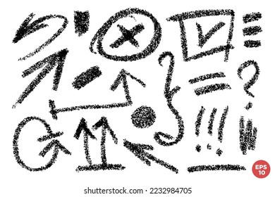 Vector hand drawn design elements. Pencil drawn notes and marks. Set of artistic elements such as arrows, curly brace, check box, underlines, question mark and exclamation point. Monochrome collection