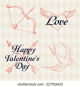 Vector hand drawn design elements and lettering on valentines day featuring bow with arrow, heart with wings, crossed arrows and swallow bird