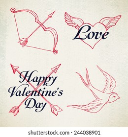 Vector hand drawn design elements and lettering on valentines day featuring bow with arrow, heart with wings, crossed arrows and swallow bird, weathered canvas texture background