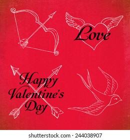 Vector hand drawn design elements and lettering on valentines day featuring bow with arrow, heart with wings, crossed arrows and swallow bird, weathered red canvas texture background