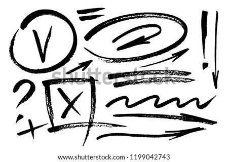 Vector hand drawn design elements. Ink brush drawn notes and marks. Set of artistic elements such as arrows, check box, underlines, question mark and exclamation point. Monochrome collection.