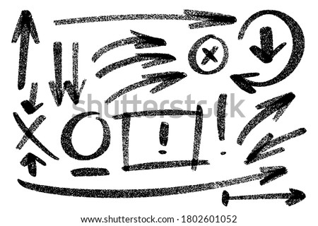 Vector hand drawn design elements. Ink brush drawn notes and marks. Set of artistic elements such as arrows, check box, underlines, question mark and exclamation point. Monochrome collection.