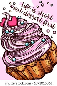 Vector hand drawn design poster with cupcake. Homemade bakery and desserts colorful sketch card with typographic