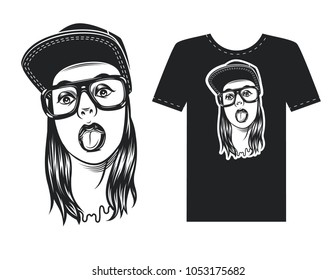 Vector hand drawn design for print. Black and white girl's face with glasses and cap. Modern style of woman's face for logotype elements. Tattoo of pretty young woman's face
