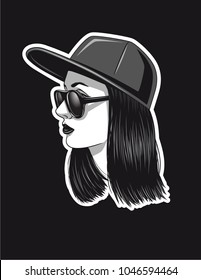 Vector hand drawn design for tattoo. Black and white girl's face in profile. Modern style of woman's face for print