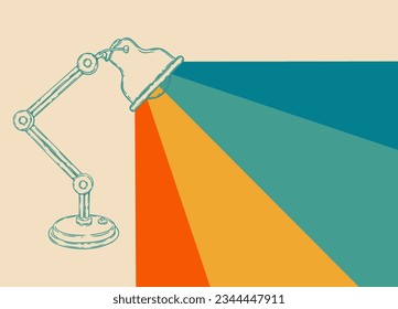 Vector hand drawn desk lamp silhouette and light colorful stripes poster background