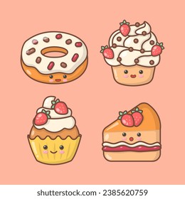 vector hand drawn dessert sweet doughnut cupcake cream brownies cheesecake kawai cute illustration