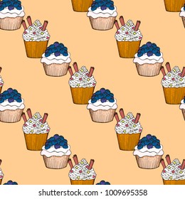 Vector hand drawn desserts seamless pattern. Sweet food trendy background for textile, wallpapers, surface design. Restaurant and cafe illustration.