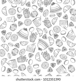 Vector hand drawn desserts seamless pattern. Sweet food trendy background for textile, wallpapers, surface design. Restaurant and cafe illustration.