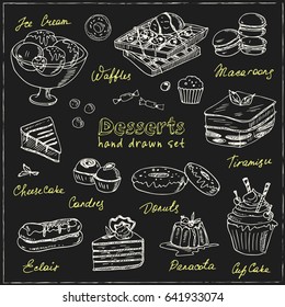 Los postres dibujados a mano vectorial. Dulces. Ilustración para menús, recetas, paquetes producto