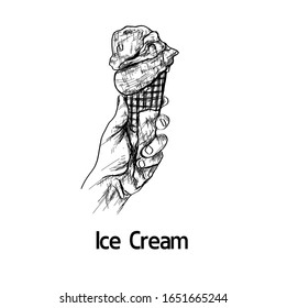  Vector con helado detallado a mano y postre de fruta. Hermoso cono de gofre de línea con helado Ilustración. Detalle de imagen de estilo retro. Elemento de esbozo de vintage para etiquetas, 