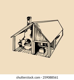 Vector hand drawn detailed illustration of blacksmith workshop house. Used for retro farrier logo or label.