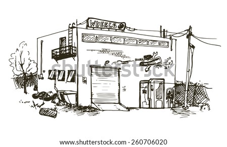Vector hand drawn detailed illustration of repair garage, automobile workshop house 