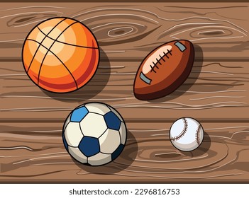 Vector hand drawn different sports balls on the wooden floor