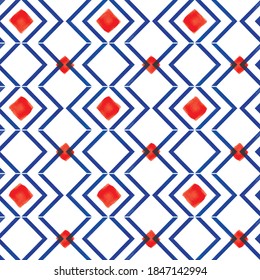 Vector hand drawn digital watercolour red karo squares blue chevrons stripes zigzag lines white seamless pattern. Print background. Perfect for fabric, wallpapers, home decor.