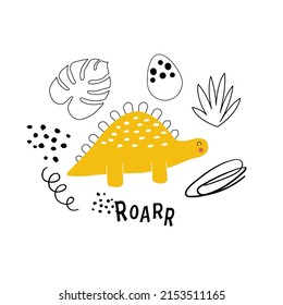 Vector hand drawn dino. Dinosaur with tropical leaves, bushes, eggs, dots in doodle style. Roar.