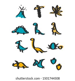 Vector hand drawn dinosaur set of icons in doodle style for children textile, logo. Icon set of different dino - tyrannosaurus, triceratops, pterodactylus, stegosaurus, diplodocus, egg, leaf, volcano