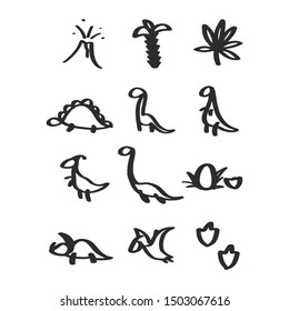 Vector hand drawn dinosaur set of icons in doodle style for children textile, logo. Icon set of different dino - tyrannosaurus, triceratops, pterodactylus, stegosaurus, diplodocus, egg, leaf, volcano