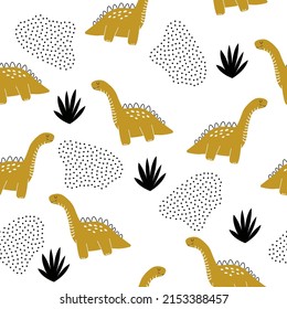 Vector hand drawn dinosaurs, bushes and dots in doodle style. Seamless pattern. Children's wallpaper.