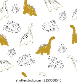 Vector hand drawn dinosaurs, bushes and dots in doodle style. Seamless pattern. Children's wallpaper.