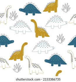 Vector hand drawn dinosaurs. Seamless pattern. Children's wallpaper. Cute dino.