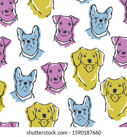 Vector hand drawn dog breeds seamless pattern. Jack russell terrier, golden retriever, french bulldog drawings. Great for wallpaper, wrapping paper and fabric. Kids design or veterinary branding.