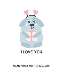 Vector hand drawn dog with a gift box. Happy Valentine's Day card. I love you. Isolated. Illustration in flat style. Cute smiling dog.
