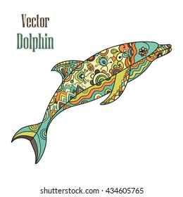 Vector hand drawn dolphin doodle illustration. Ethnic tribal design. Boho styled.