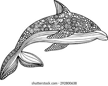 vector hand drawn dolphin illustration with doodle ornaments. Decorative monochrome dolphin drawing
