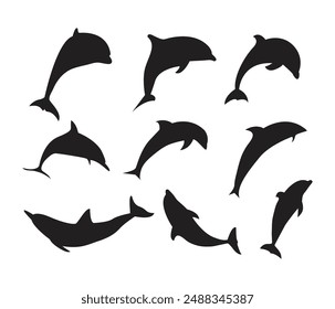 Vektorgrafik Handgezeichnete Delfin Silhouetten in verschiedenen Posen gesetzt