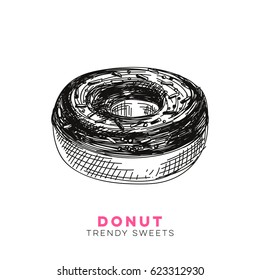Vector hand drawn donut Illustration. Sketch vintage style. Design template. Retro background. 