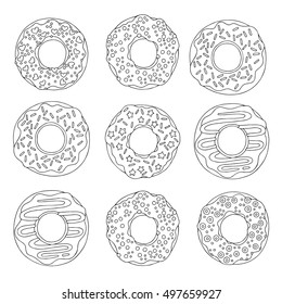 Vector hand drawn donuts illustration for adult coloring book. Freehand sketch for adult anti stress coloring book page with doodle and zentangle elements.