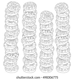 Vector hand drawn donuts illustration for adult coloring book. Freehand sketch for adult anti stress coloring book page with doodle and zentangle elements.