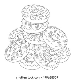 Vector hand drawn donuts illustration for adult coloring book. Freehand sketch for adult anti stress coloring book page with doodle and zentangle elements.