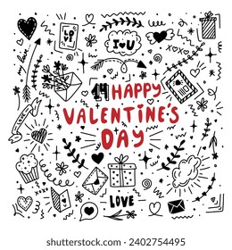 Vector hand drawn Doodle 14 February Symbols Set. Lettering Valentines Day. Holiday elements isolated collection for design greeting card, poster